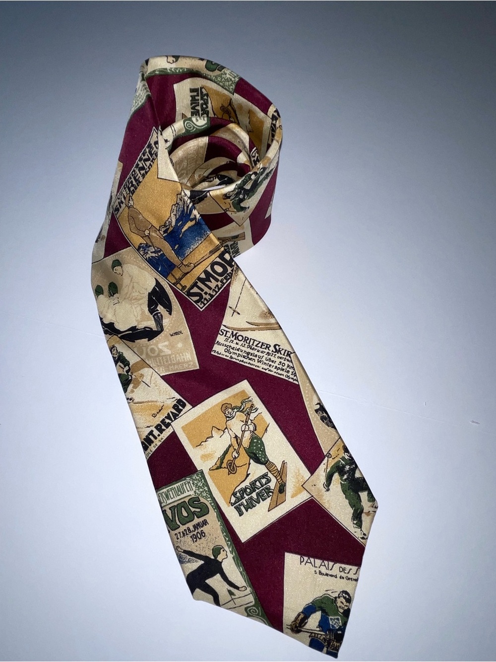 Vintage Hathaway Silk Necktie Maroon Alpine Skiing St Moritz Hockey Travel